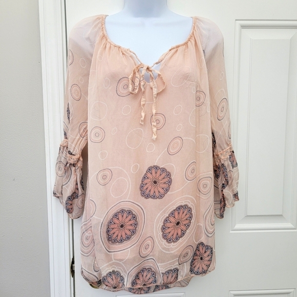 LOLA Made In Italy Silk Blend Sheer Blouse Blush Pink Medallion Print Small - Picture 1 of 13
